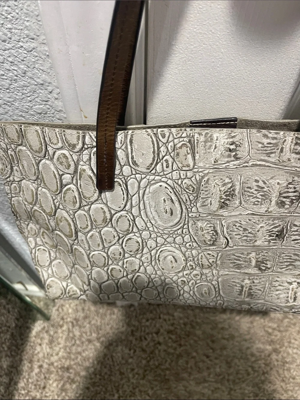 B. May Croc-Embossed Cream Tote with Brown Straps